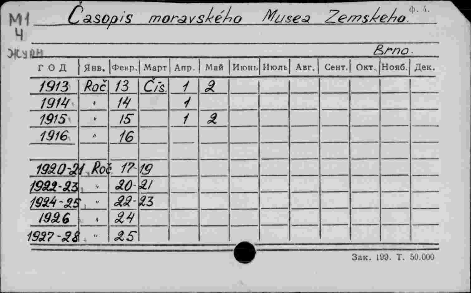 ﻿мі	С ч	asoo/'s		тог<з Vsheh о						Ze/7?S^eAo			(э. 4.
XjÛii										&rno			
год	Янв.	|февр.) Март		hnv-	Май	Июнь	Июль	Авг. Î	Сент.	Окт.	Нояб.	Дек.
1913	Roc	13	C/'s,.	1	3							
1919	»	19		1								
1915	If	15		1	3							
1916	h	16										
												
1930-3	fjb	! 1?	IS									
19R2-33.	t *	<W-	2!									
		зз-										
19â6	4	39										
193?		35										
Зак. 199. T. 50.000